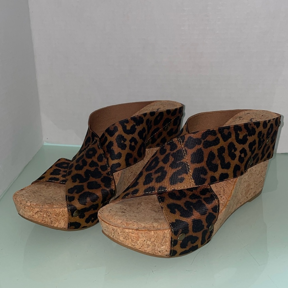 Lucky Brand cheetah cork platform wedge heel sandals ladies size 8 brown elastic
